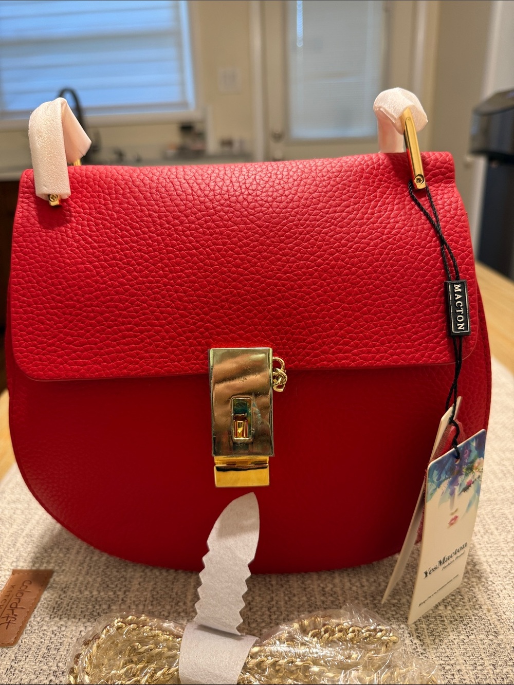 Red Leather Crossbody Bag with Gold Hardware - - Picture 2 of 8